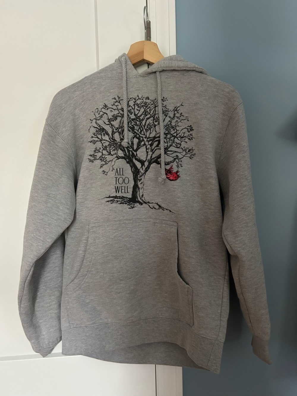Taylor Swift Gray Hoodie with Tree Graphic and Red Heart